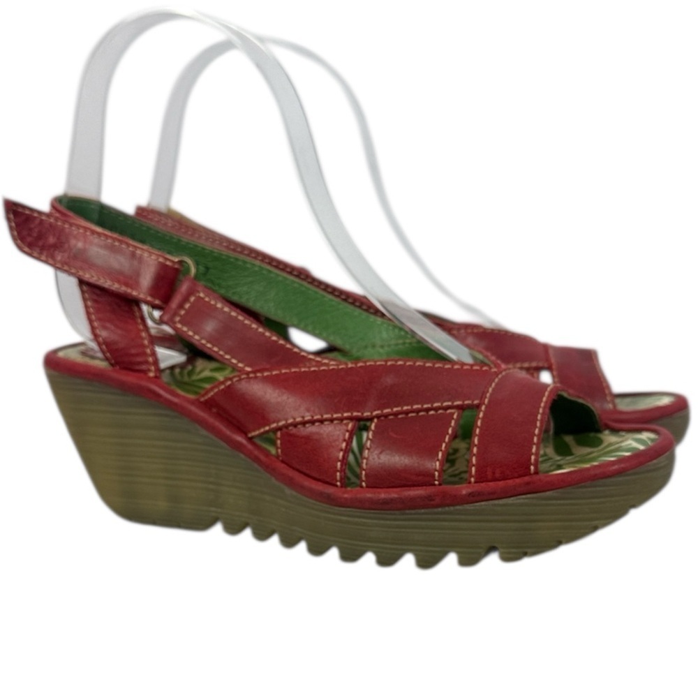 Fly London Red Yisa Leather Platform Wedge Slingback 3" Heels Sandals Size 6.5